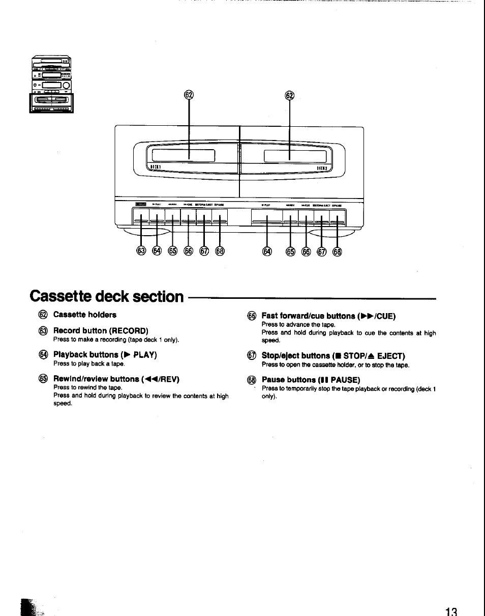 Cassette deck section, Cassette holders @ record button (record), Playback buttons (p> play) | Rewind/review buttons (^^/rev), Fast forward/cue buttons (p^p'/cue), Stop/eject buttons (■ stop/a eject), Pause buttons (ii pause) | Panasonic SC-CH60 User Manual | Page 13 / 60