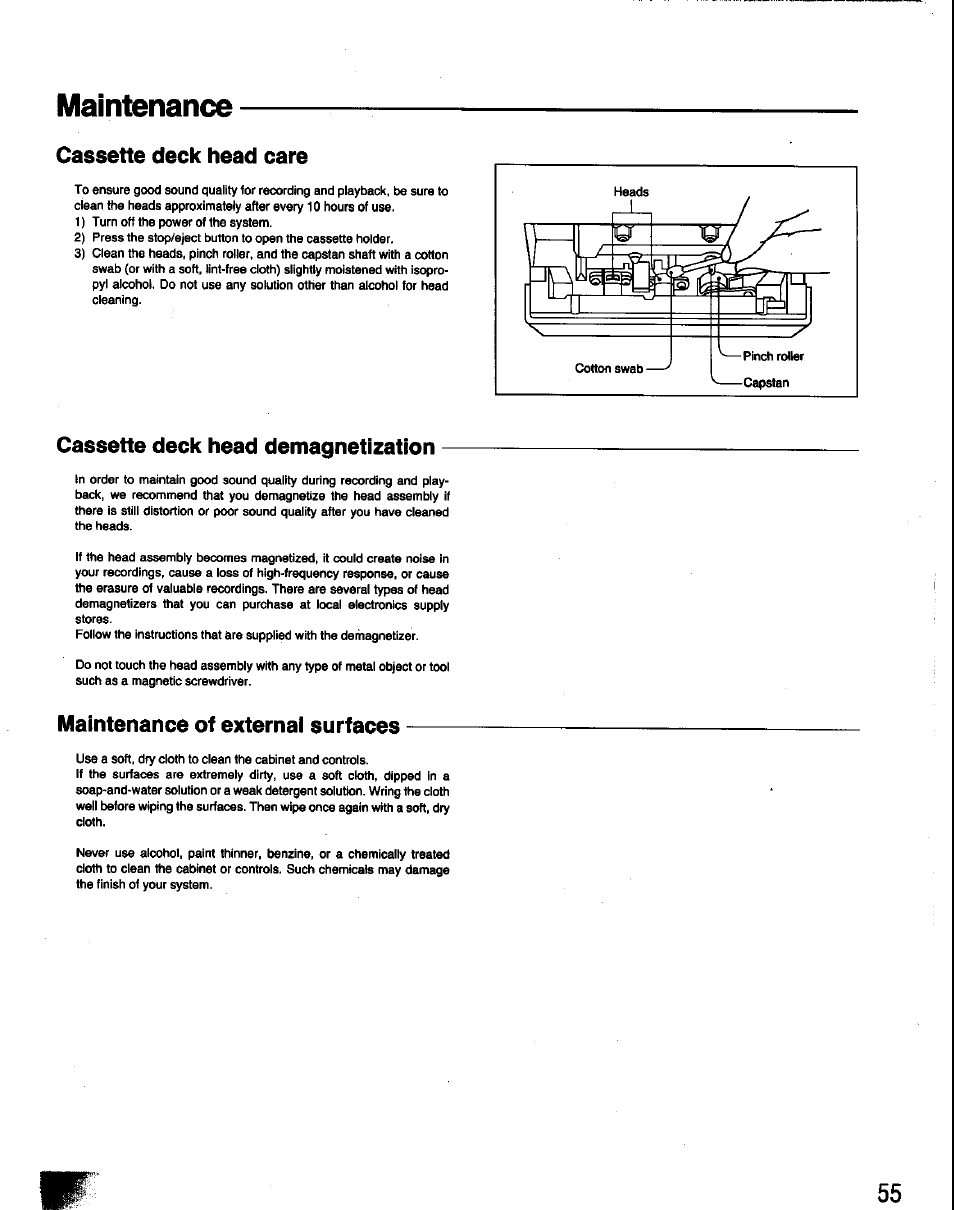 Maintenance, Cassette deck head care, Cassette deck head demagnetization | Maintenance of external surfaces | Panasonic SC-CH60 User Manual | Page 55 / 60