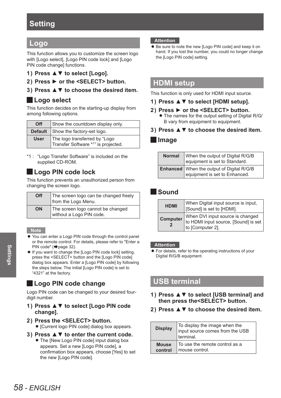 Logo, Hdmi setup, Usb terminal | Logo hdmi setup usb terminal, Setting, English, Logo select, Logo pin code lock, Logo pin code change, Image | Panasonic PT VX400NTU User Manual | Page 58 / 86