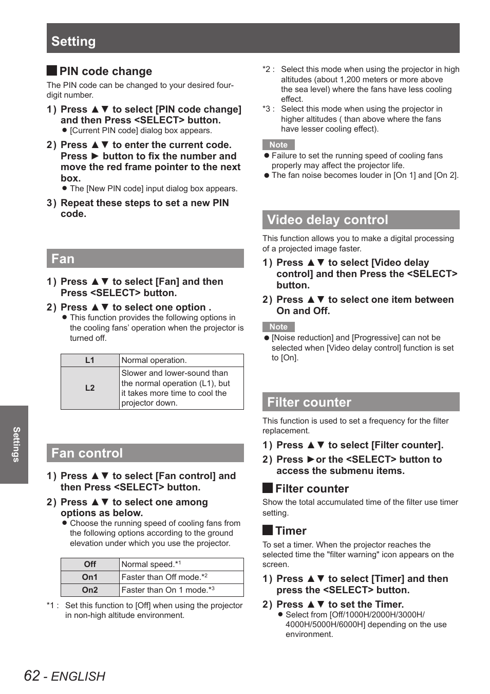 Fan control, Video delay control, Filter counter | Fan fan control video delay control filter counter, Setting, English, Pin code change, Timer | Panasonic PT VX400NTU User Manual | Page 62 / 86