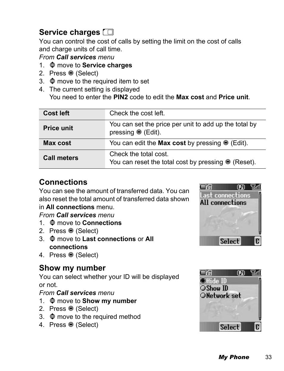 Service charges, Connections, Show my number | Panasonic EB-A200 User Manual | Page 35 / 101