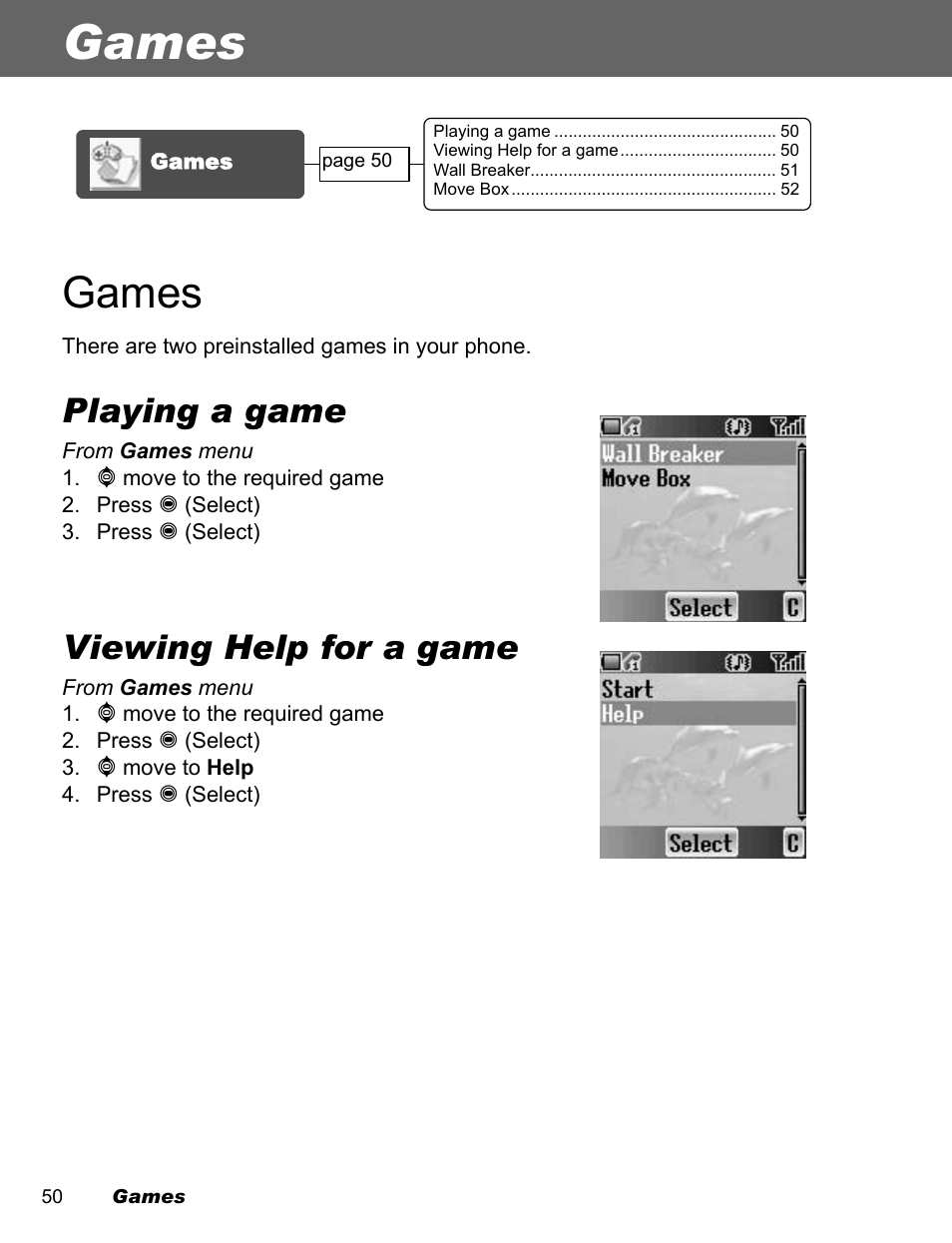 Games, Playing a game, Viewing help for a game | Panasonic EB-A200 User Manual | Page 52 / 101