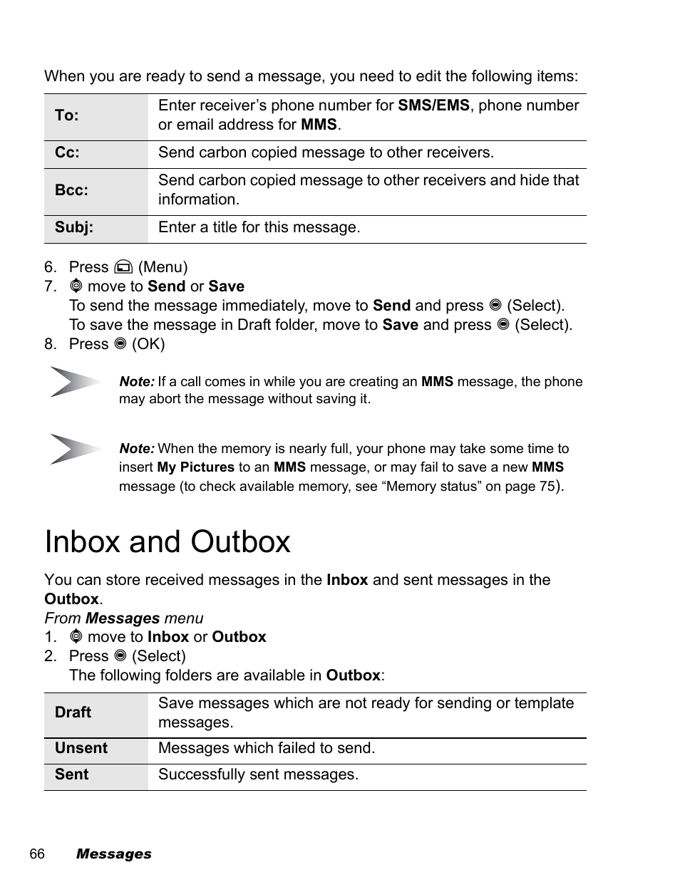 Inbox and outbox | Panasonic EB-A200 User Manual | Page 68 / 101