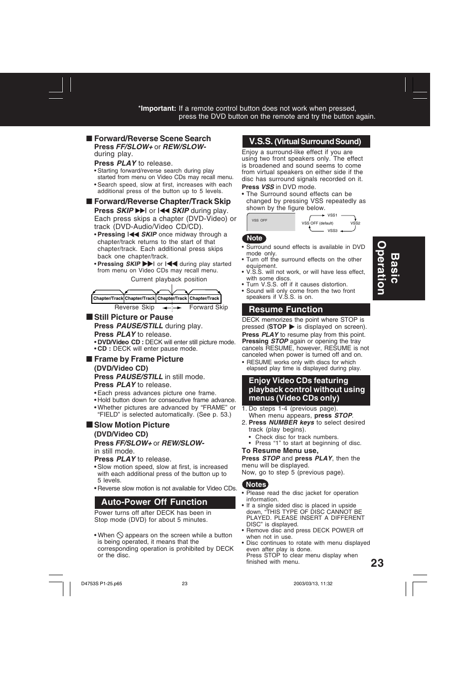 Basic operation, Resume function, V.s.s | Auto-power off function | Panasonic PV-D4753S User Manual | Page 23 / 68