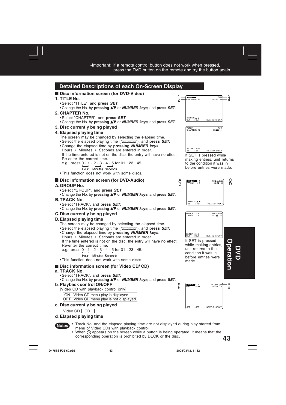 Dv d operation, Detailed descriptions of each on-screen display | Panasonic PV-D4753S User Manual | Page 43 / 68