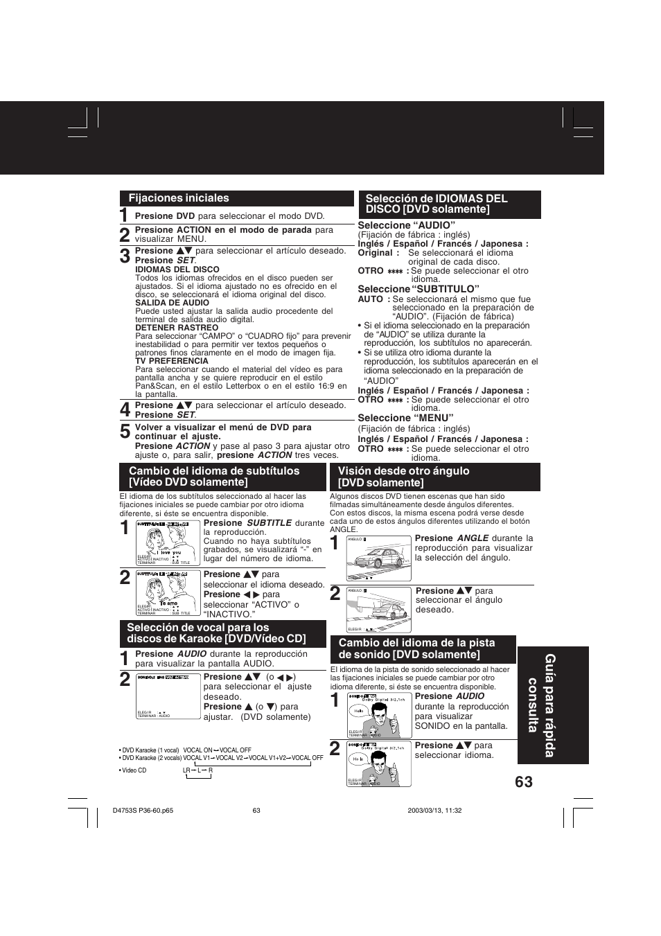 Gu ía para r á pida consulta, Selección de idiomas del disco [dvd solamente, Fijaciones iniciales | Visión desde otro ángulo [dvd solamente | Panasonic PV-D4753S User Manual | Page 63 / 68