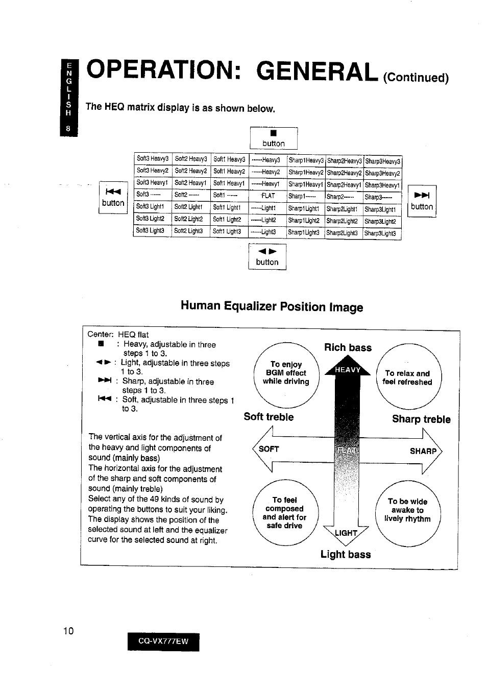Operation: general, Continued), Human equalizer position image | Panasonic CQ-VX777EW User Manual | Page 10 / 52