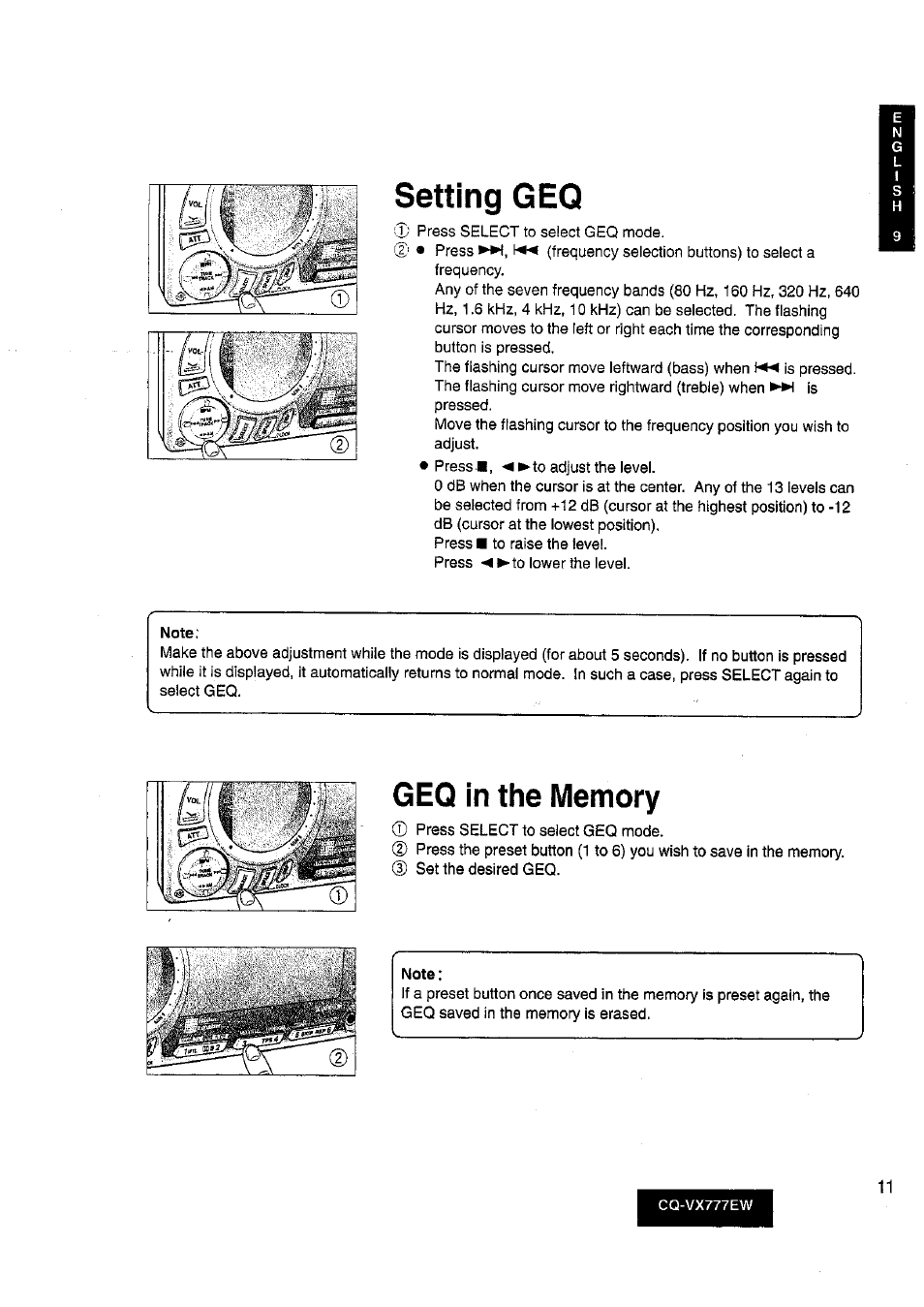 Note, Setting geq | Panasonic CQ-VX777EW User Manual | Page 11 / 52