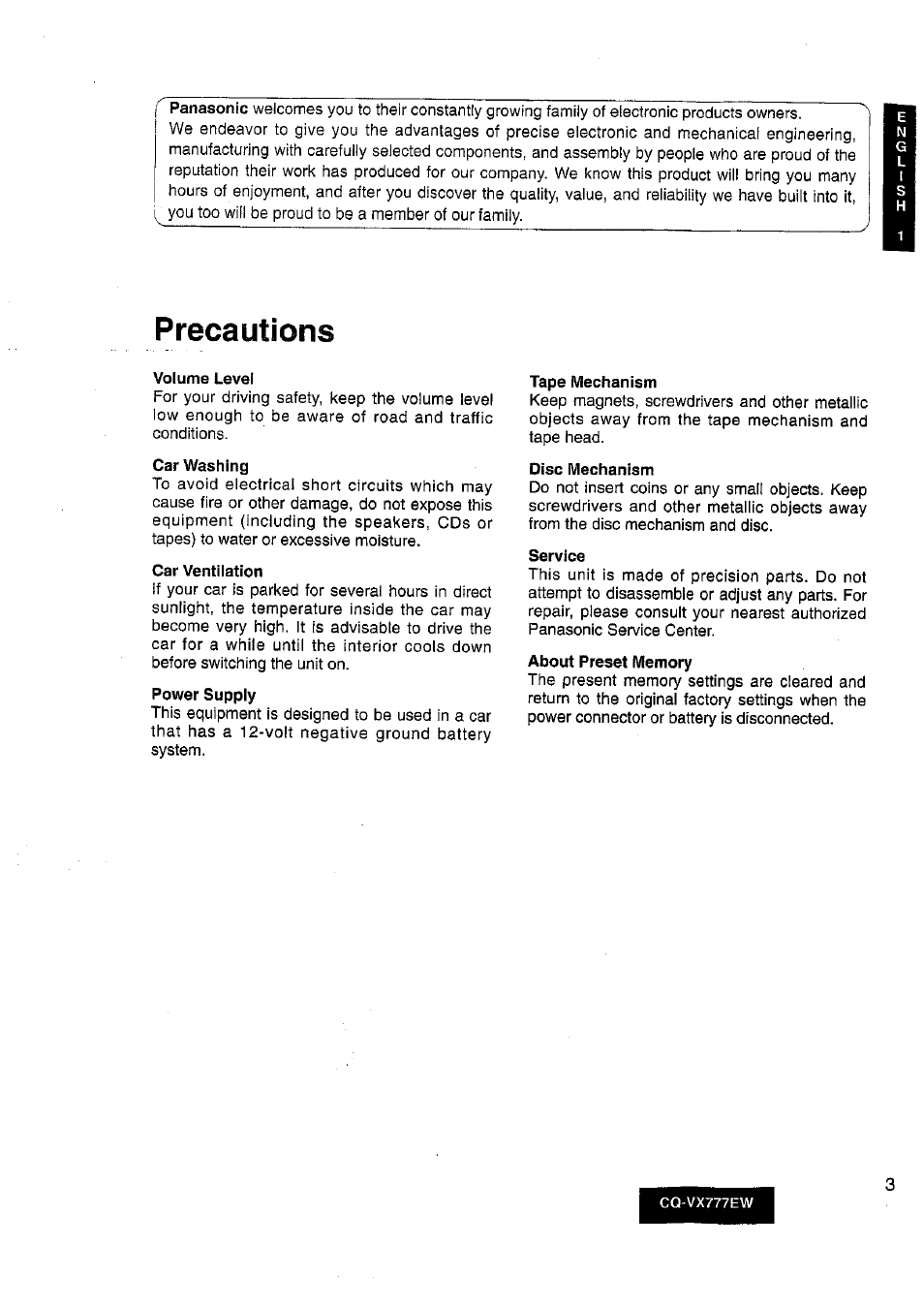 Volume level, Car washing, Car ventilation | Tape mechanism, Disc mechanism, Service, About preset memory, Precautions | Panasonic CQ-VX777EW User Manual | Page 3 / 52