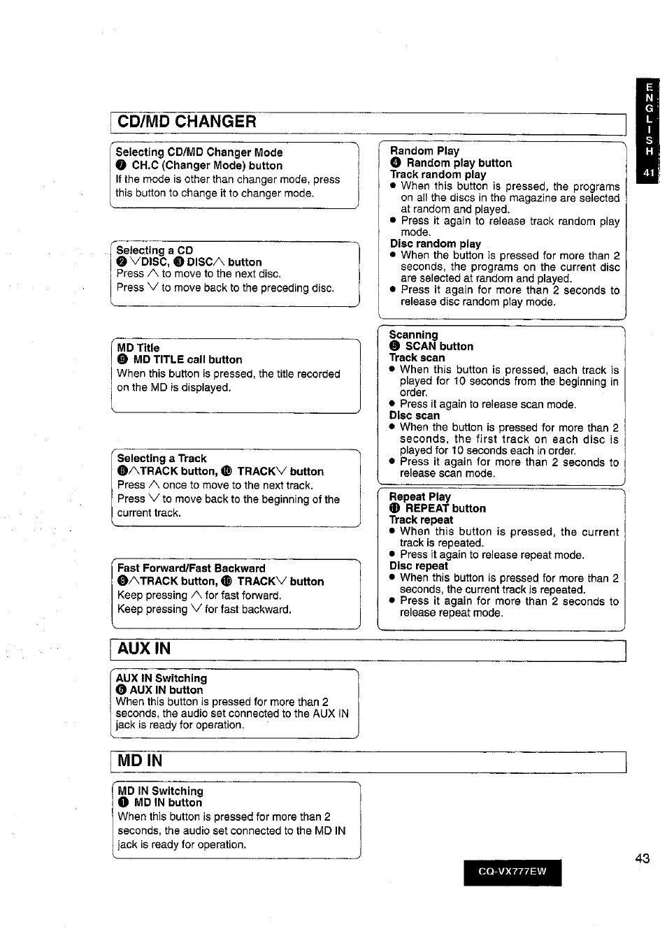 Cd/md changer, Aux in, Md in | Panasonic CQ-VX777EW User Manual | Page 43 / 52