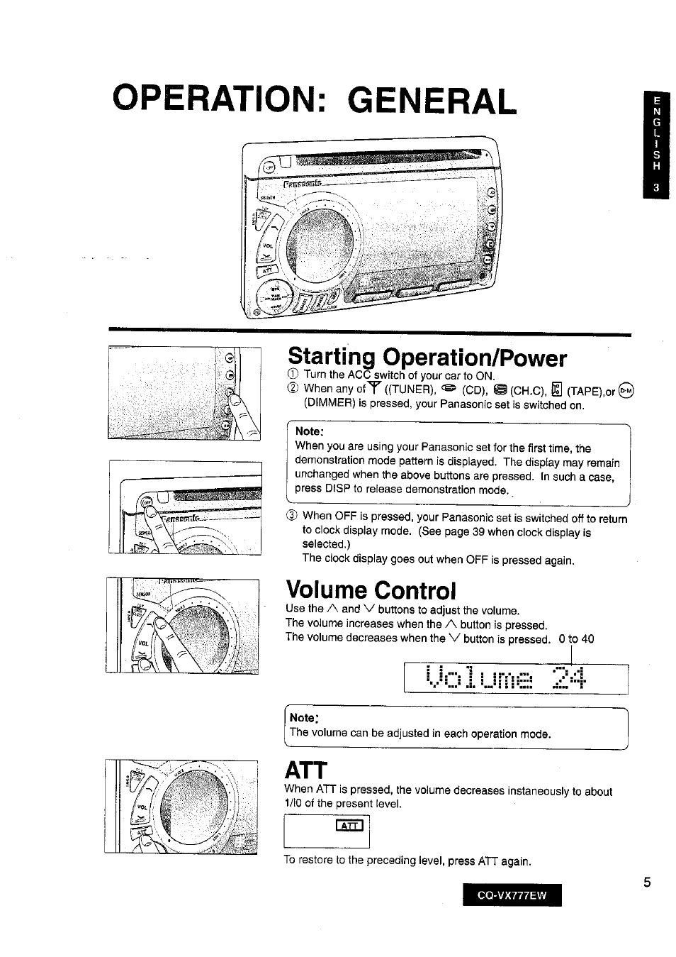 Note, Operation: general, Starting operation/power | Volume control | Panasonic CQ-VX777EW User Manual | Page 5 / 52