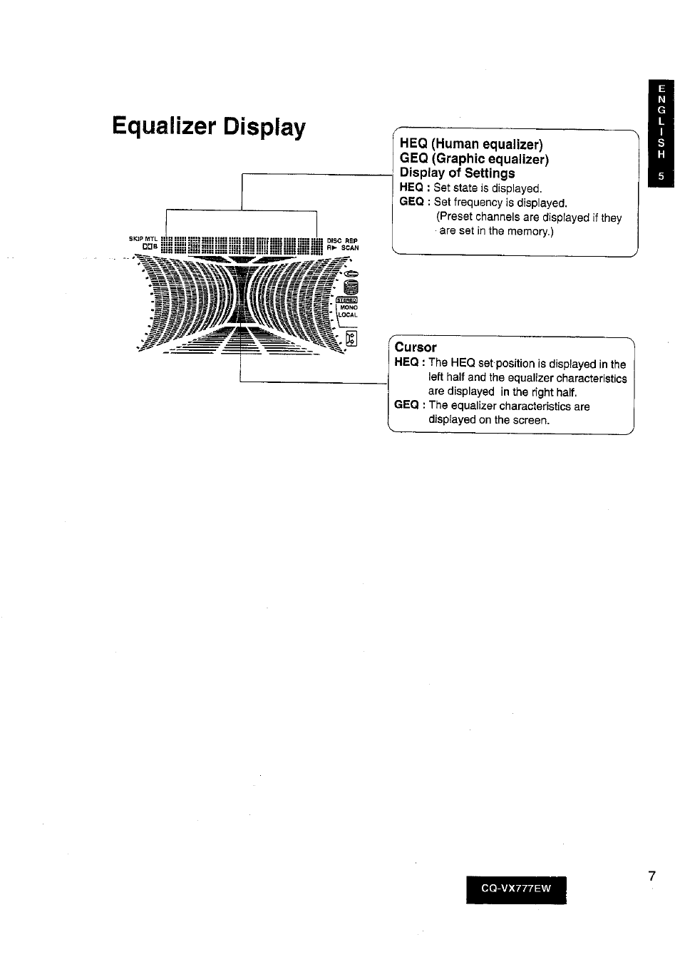 Heq (human equalizer), Geq (graphic equalizer), Display of settings | Cursor, Equalizer display | Panasonic CQ-VX777EW User Manual | Page 7 / 52