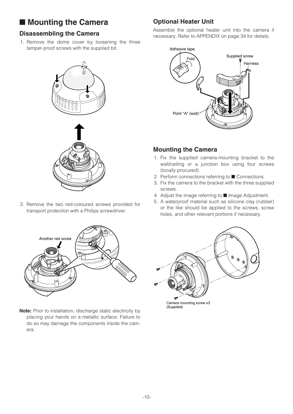 Mounting the camera, Disassembling the camera, Optional heater unit | Panasonic WV-NW470S User Manual | Page 10 / 35