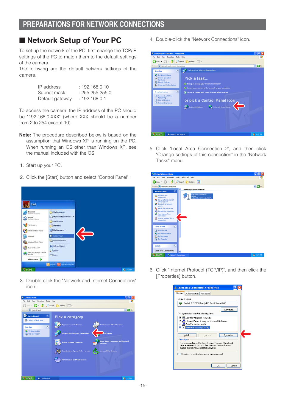 Preparations for network connections, Network setup of your pc | Panasonic WV-NW470S User Manual | Page 15 / 35