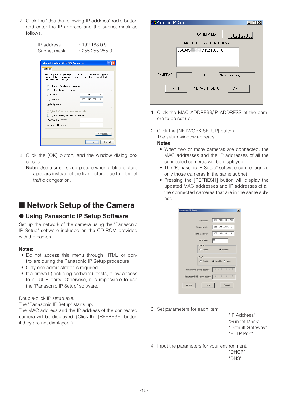 Network setup of the camera, Using panasonic ip setup software | Panasonic WV-NW470S User Manual | Page 16 / 35