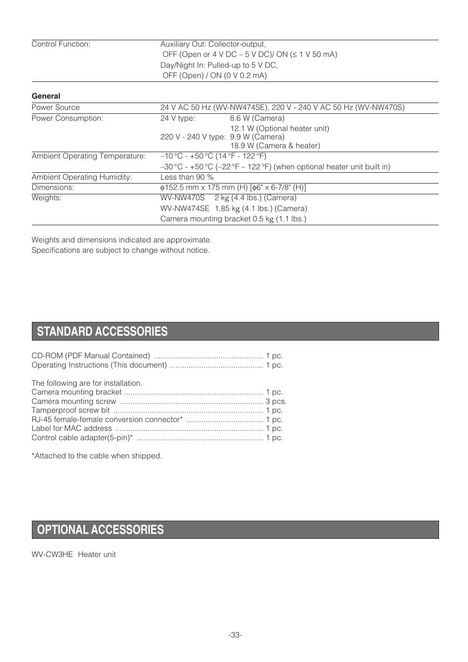 Standard accessories, Optional accessories | Panasonic WV-NW470S User Manual | Page 33 / 35