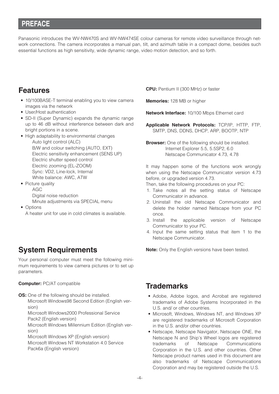 Preface, Features, System requirements | Trademarks | Panasonic WV-NW470S User Manual | Page 4 / 35