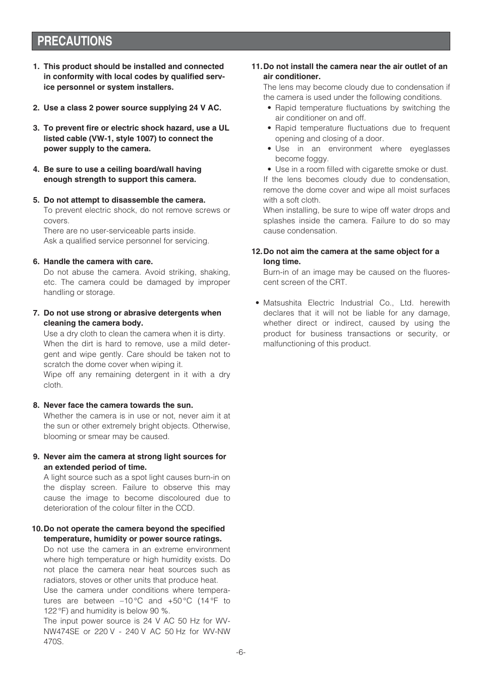 Precautions | Panasonic WV-NW470S User Manual | Page 6 / 35