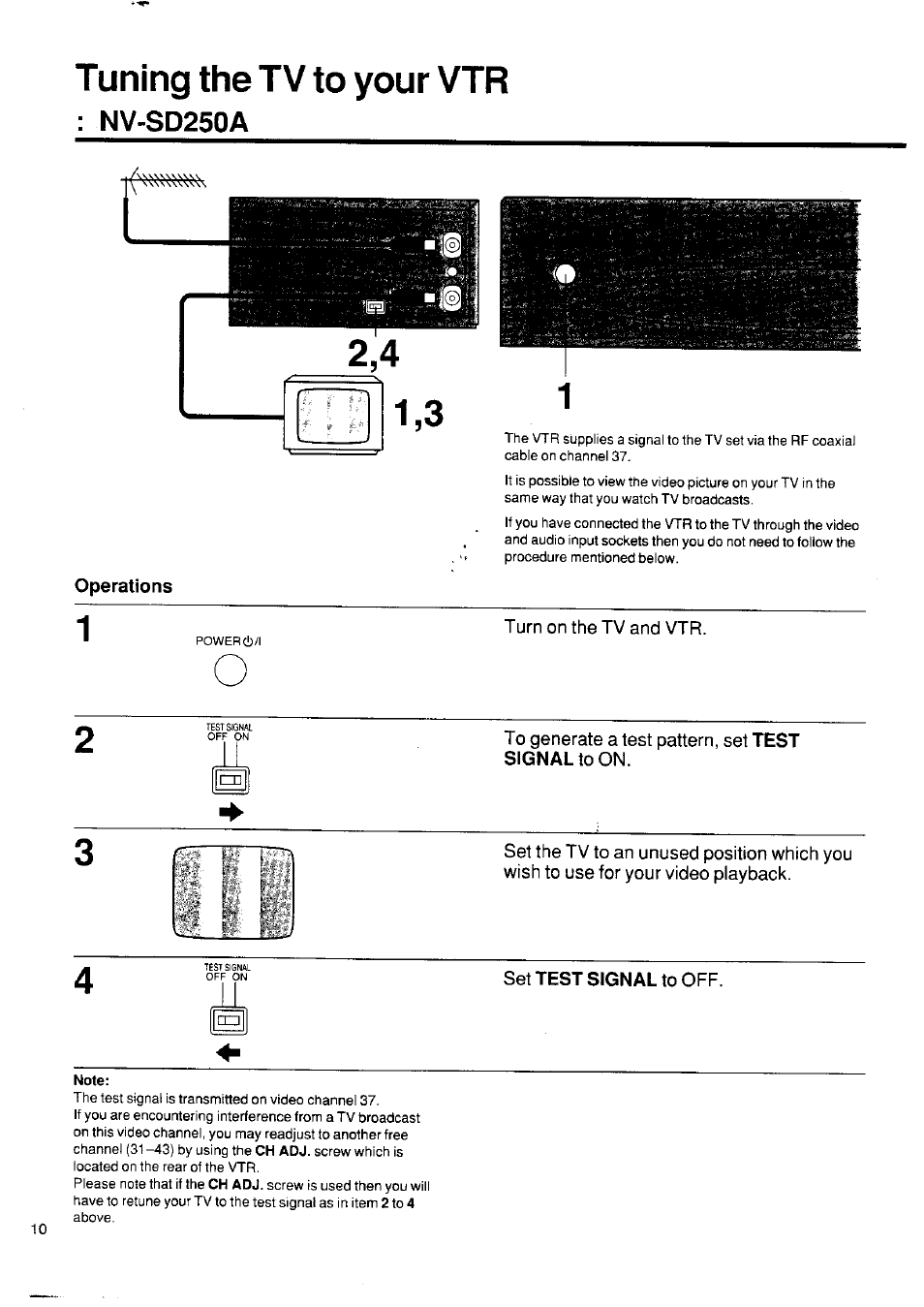 Tuning the tv to your vtr, Nv-sd250a, Operations | Note, Tuning the tv to your vtr: nv-sd250a, Nv-sd250ea | Panasonic NV-SD250 User Manual | Page 10 / 31