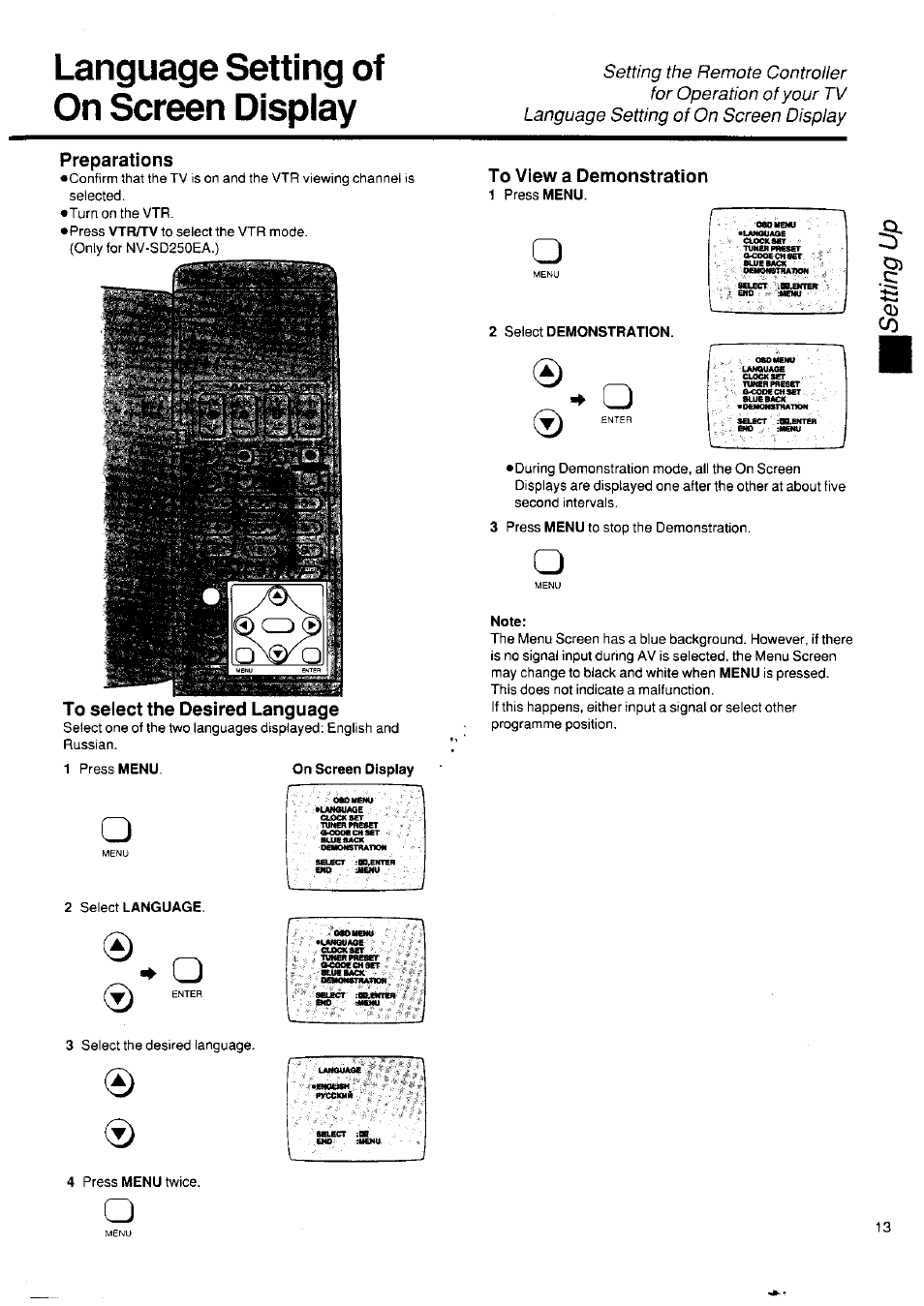 Language setting of on screen display, Preparations, To select the desired language | On screen display, 2 select language, To view a demonstration, 1 press menu, 2 select demonstration, Note | Panasonic NV-SD250 User Manual | Page 13 / 31