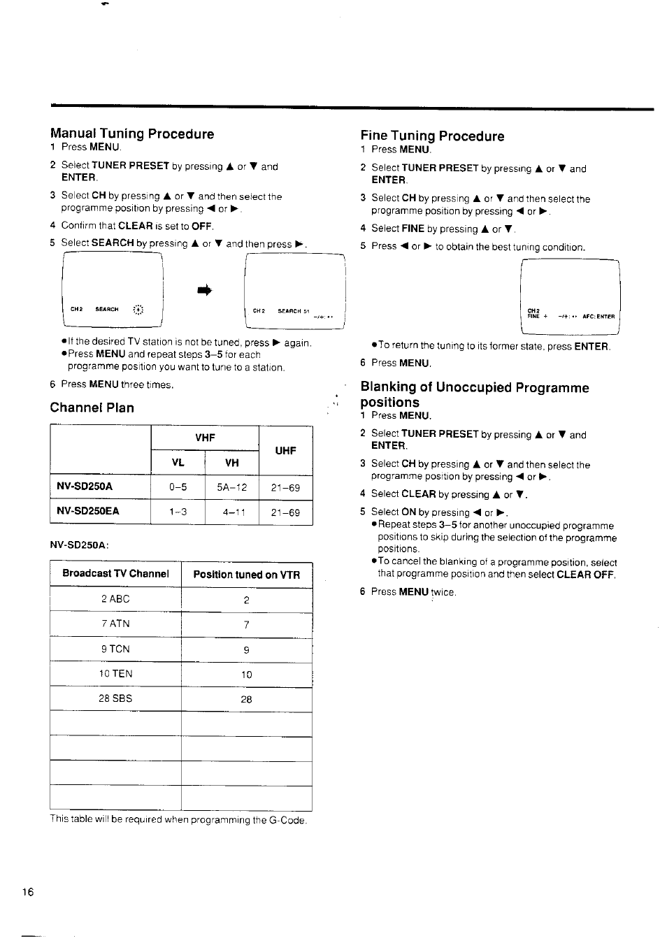 Manual tuning procedure, Channel plan, Fine tuning procedure | Blanking of unoccupied programme positions | Panasonic NV-SD250 User Manual | Page 16 / 31
