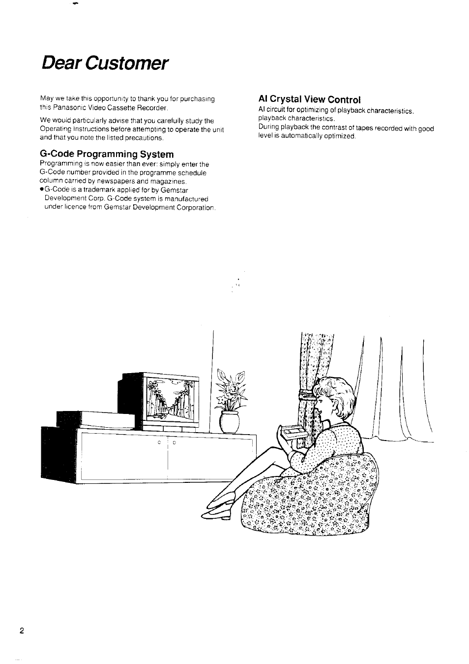 G-code programming system, Al crystal view control, Dear customer | Panasonic NV-SD250 User Manual | Page 2 / 31