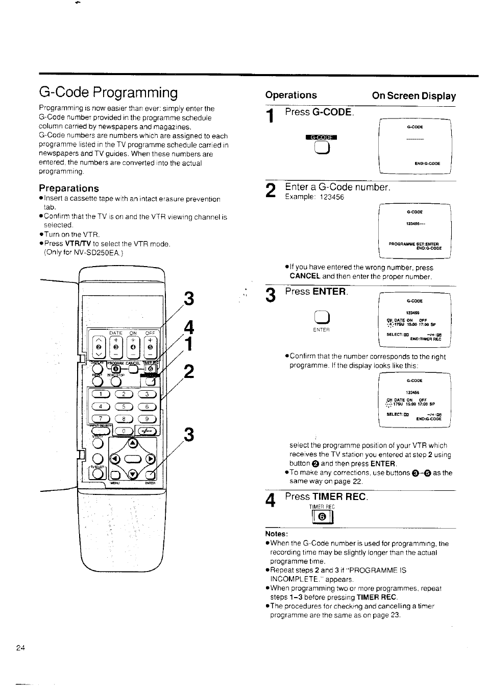 Preparations, On screen display, Press g-code | Press enter, Press timer rec, Notes, G-code programming | Panasonic NV-SD250 User Manual | Page 24 / 31