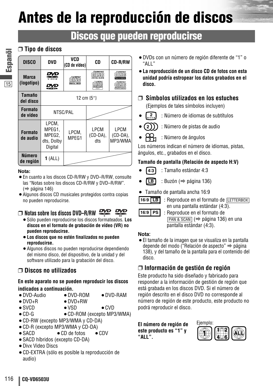 Antes de la reproduccion de discos, Antes de la reproducción de discos, Discos que pueden reproducirse | Espanõl, Notas sobre los discos dvd–r/rw, Discos no utilizados, Símbolos utilizados en los estuches, Información de gestión de región, Tipo de discos | Panasonic CQ-VD6503U User Manual | Page 116 / 150