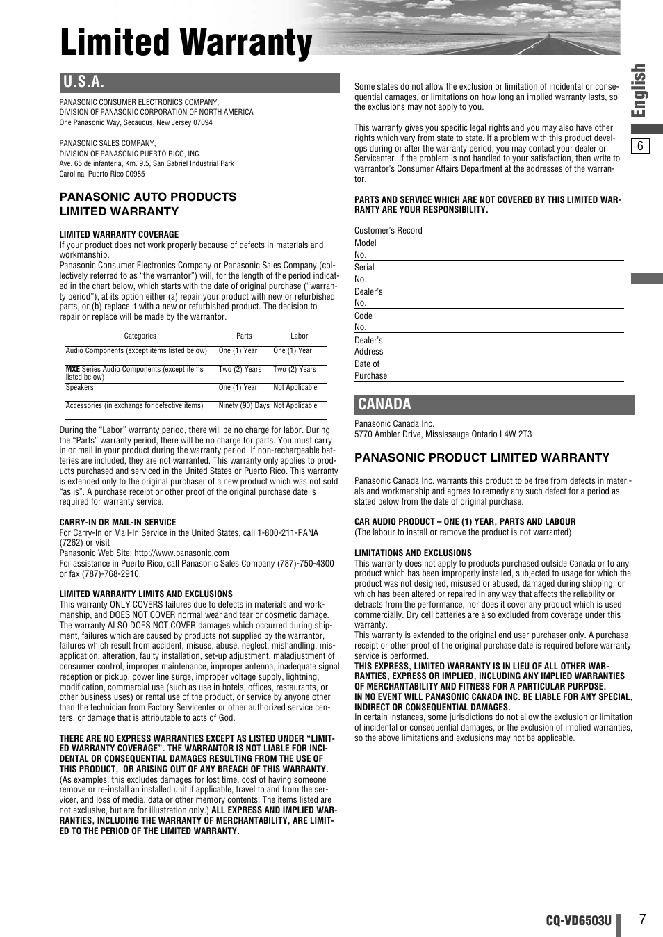Limited warranty, English, U.s.a | Canada, Cq-vd6503u | Panasonic CQ-VD6503U User Manual | Page 7 / 150