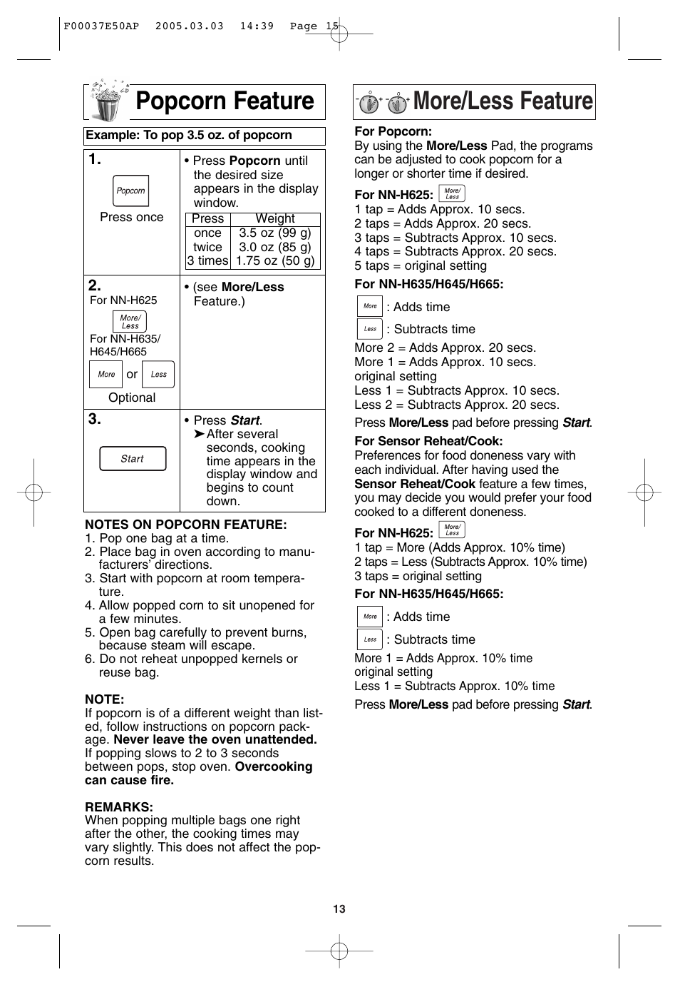 Popcorn feature, More / less feature, More/less feature popcorn feature | Panasonic H665 User Manual | Page 15 / 64