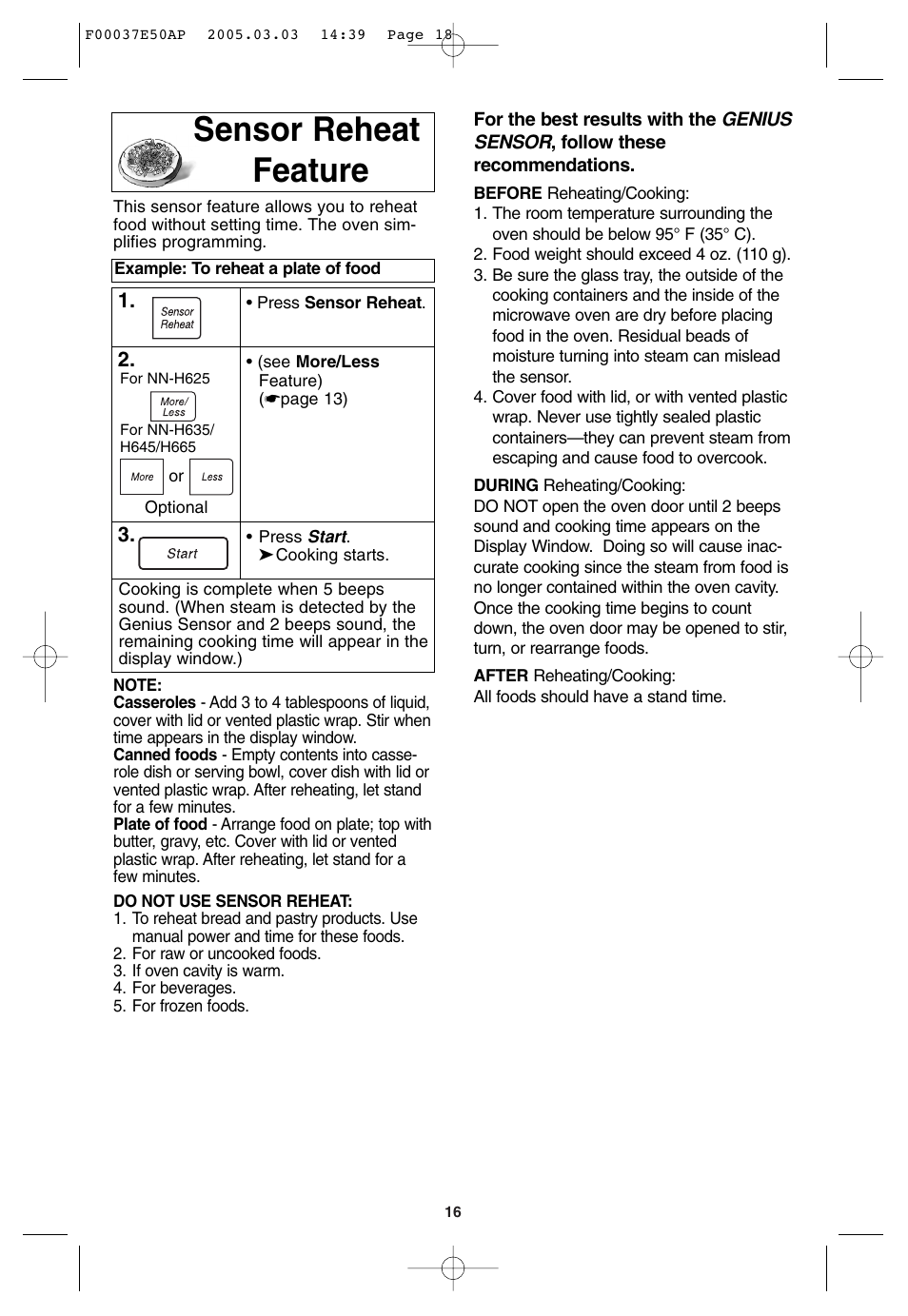 Sensor reheat feature, Sensor cook feature | Panasonic H665 User Manual | Page 18 / 64