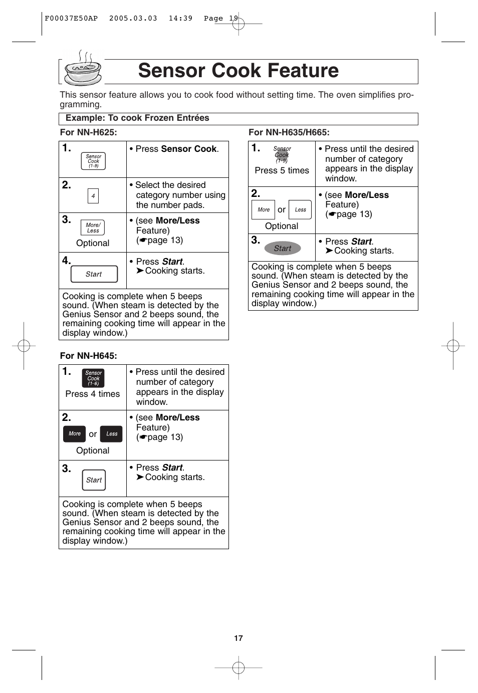 Sensor cook feature | Panasonic H665 User Manual | Page 19 / 64