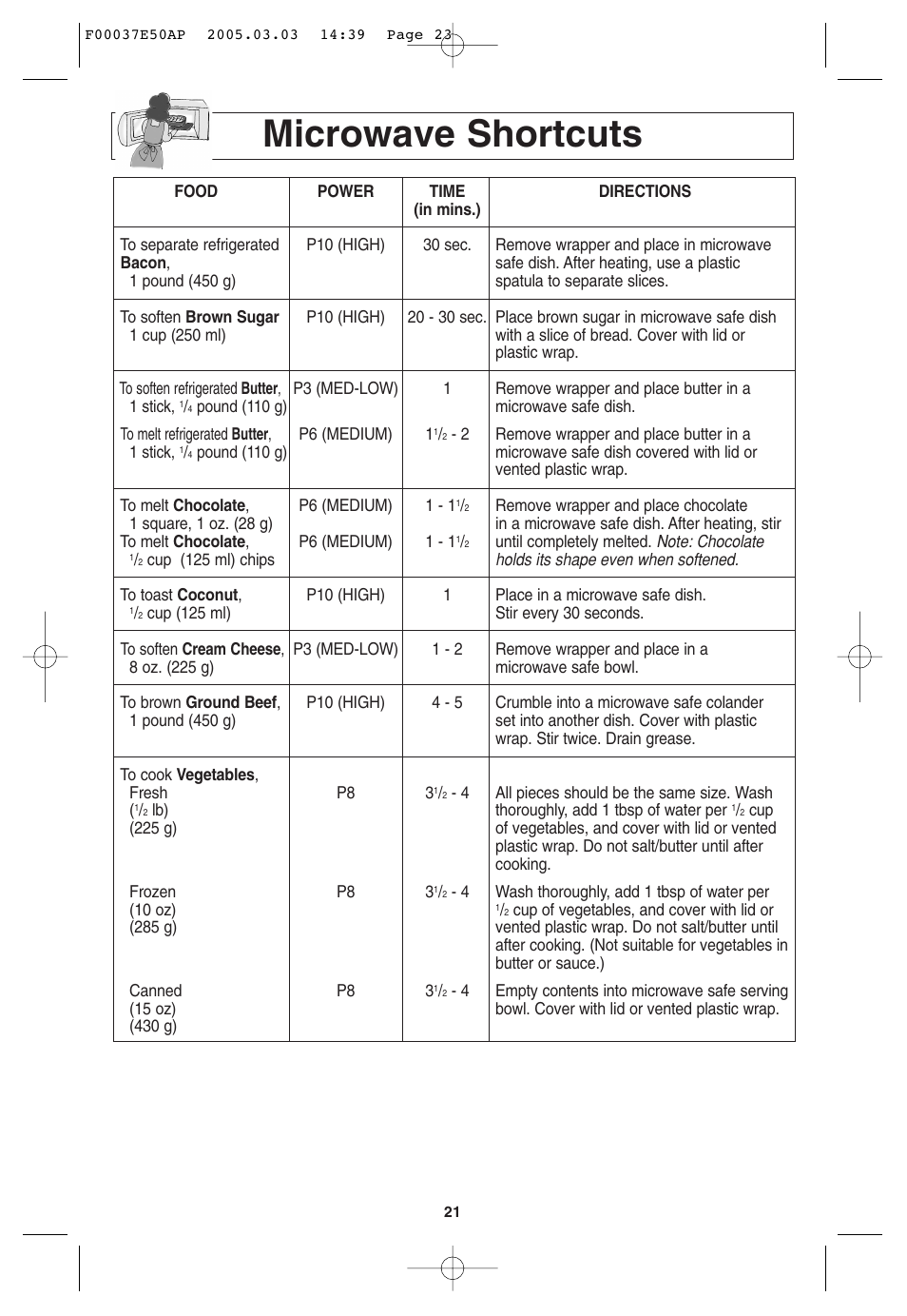 Microwave shortcuts | Panasonic H665 User Manual | Page 23 / 64