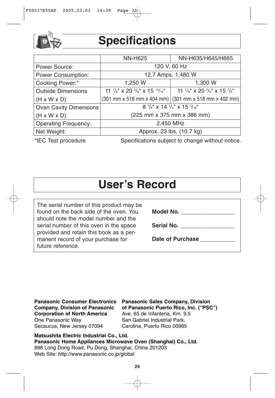 Specifications, User's record, User’s record specifications | Panasonic H665 User Manual | Page 31 / 64
