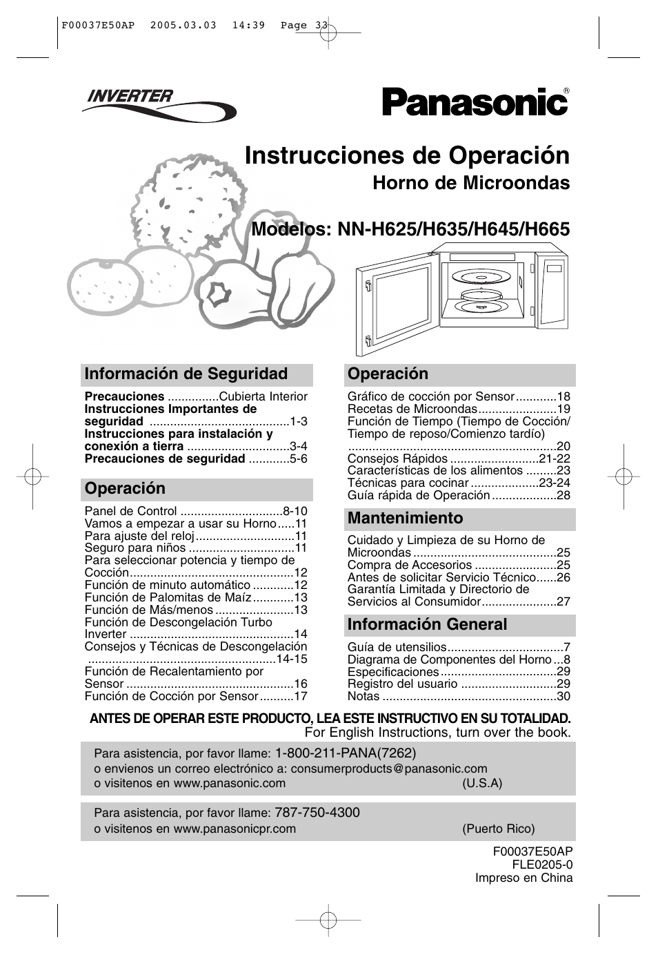 Instrucciones de operacion, Instrucciones de operación, Información de seguridad | Operación, Mantenimiento, Información general | Panasonic H665 User Manual | Page 33 / 64