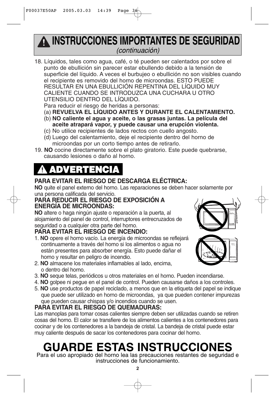 Instrucciones importantes de seguridad, Guarde estas instrucciones, Aad dv ve er rt te en nc ciia a | Panasonic H665 User Manual | Page 36 / 64