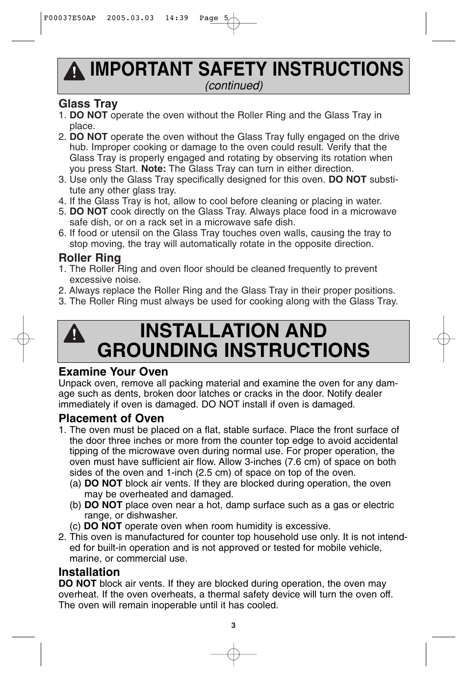 Installation and grounding instructions, Important safety instructions | Panasonic H665 User Manual | Page 5 / 64