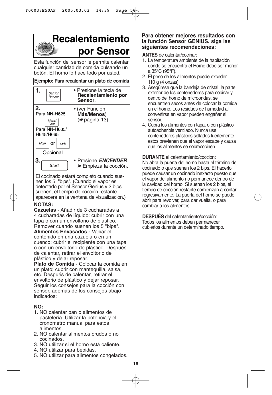 Funcion de recalentamiento por sensor, Recalentamiento por sensor | Panasonic H665 User Manual | Page 50 / 64