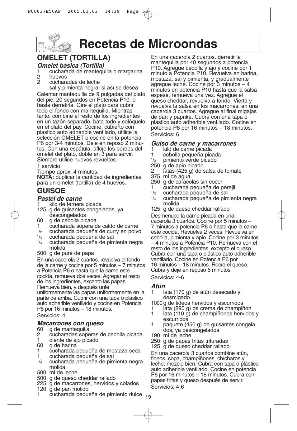 Recetas de microondas, Omelet (tortilla), Guisoe | Panasonic H665 User Manual | Page 53 / 64