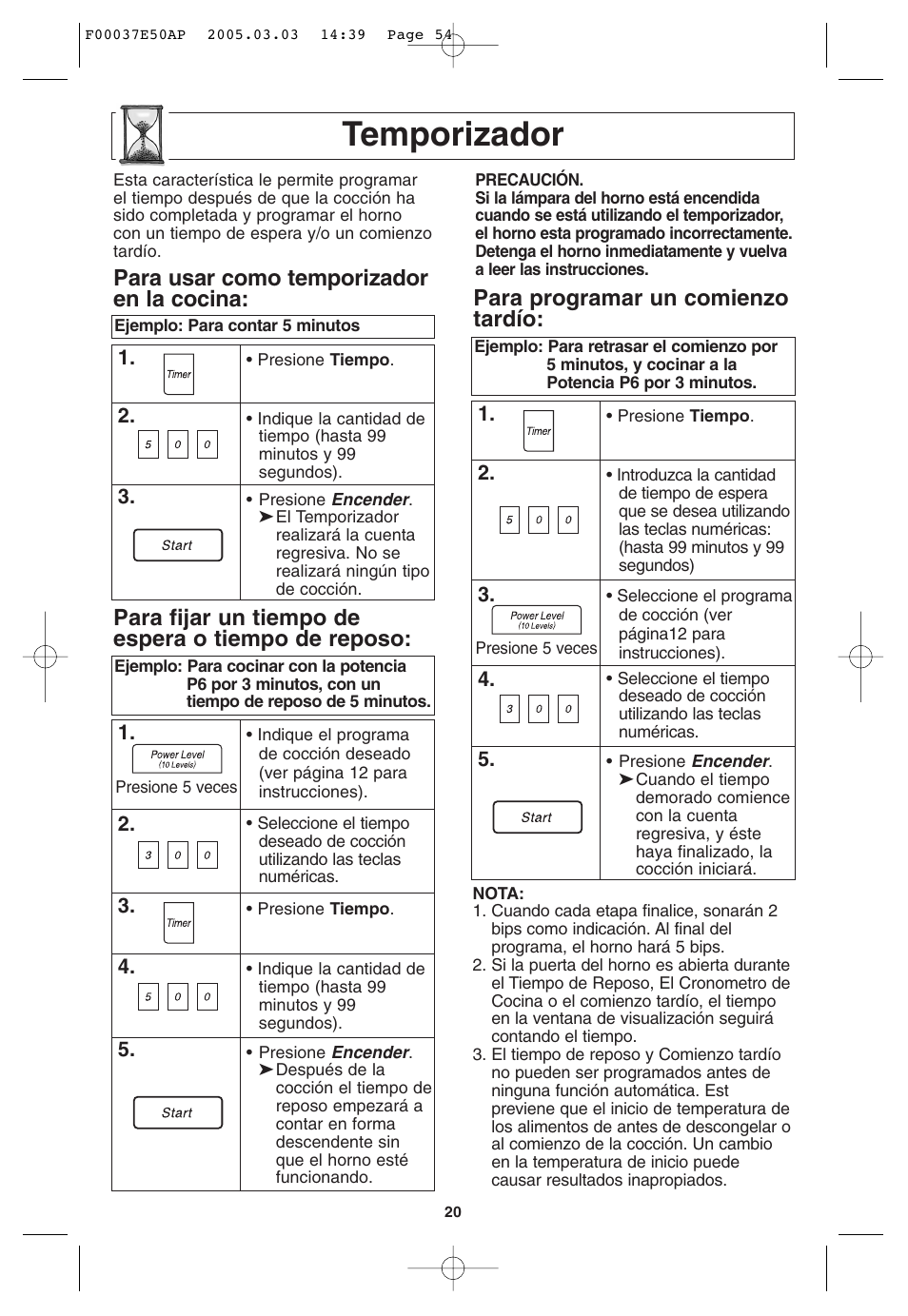 Temporizador, Para usar como temporizador en la cocina, Para fijar un tiempo de espera o tiempo de reposo | Para programar un comienzo tardío | Panasonic H665 User Manual | Page 54 / 64