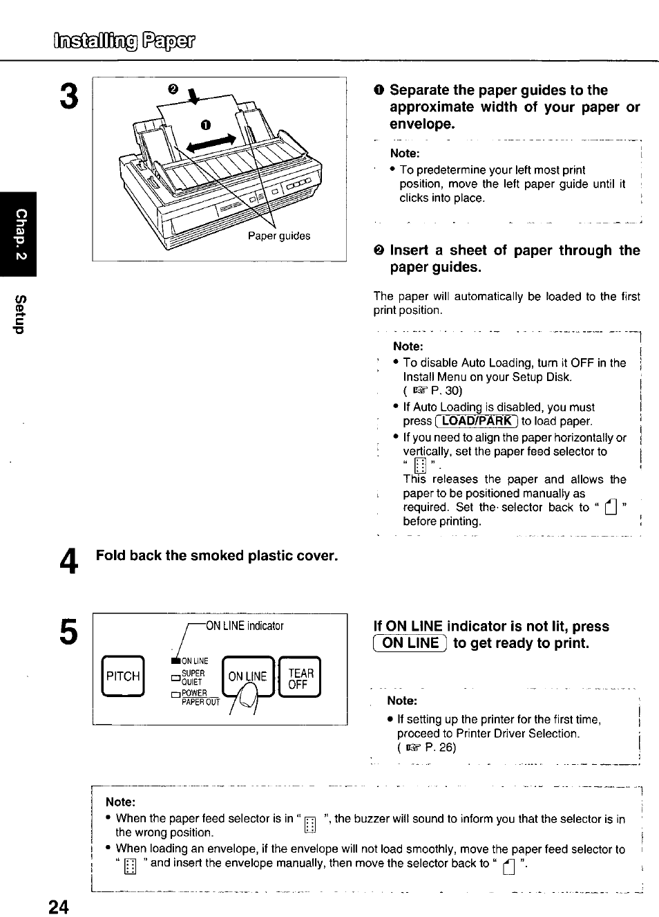 Insert a sheet of paper through the paper guides, Fold back the smoked plastic cover | Panasonic KX-P3626 User Manual | Page 24 / 76