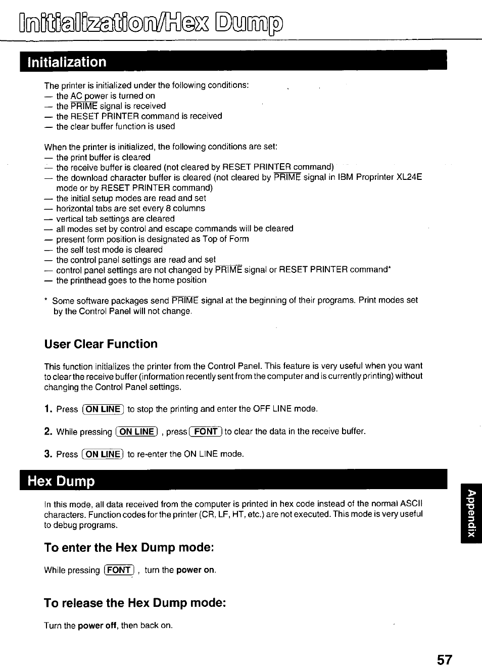 User clear function, To enter the hex dump mode, To release the hex dump mode | Ob0ted8sslil2)oi#[l®k ©quhiip, Initialization, Hex dump | Panasonic KX-P3626 User Manual | Page 57 / 76