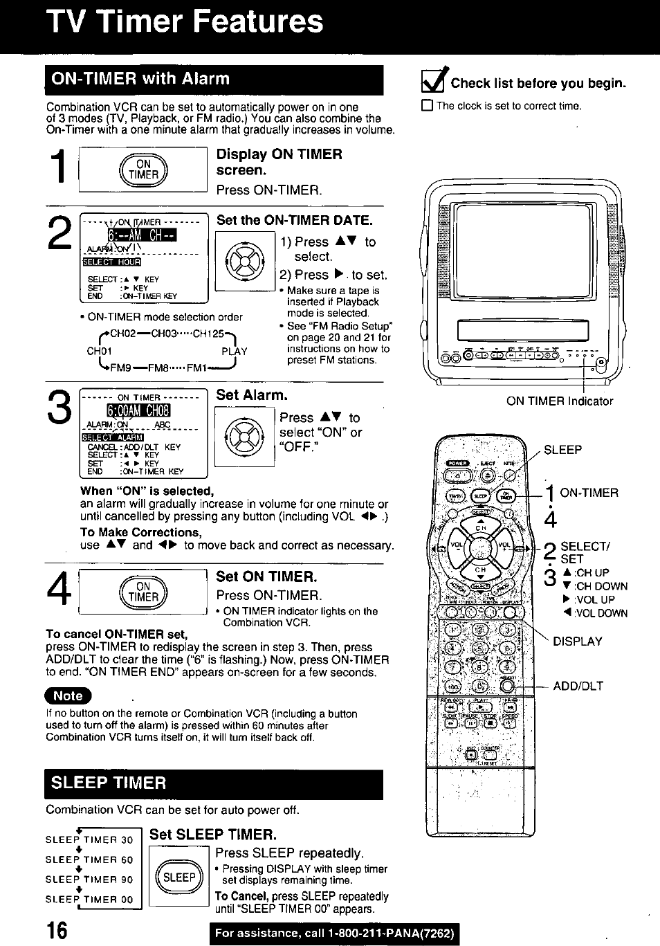 On-timer with alarm, Display on timer screen, Set alarm | Set on timer, Sleep timer, Set sleep timer, Tv timer features, Press on-timer, 1) press at to select. 2) press ► to set, Press av to select “on” or “off | Panasonic PV M939 User Manual | Page 16 / 48
