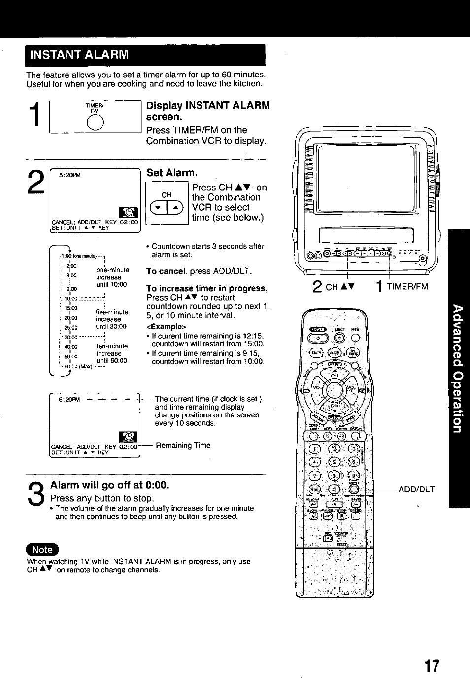 Instant alarm, Display instant alarm screen, Set alarm | Alarm will go off at 0:00 | Panasonic PV M939 User Manual | Page 17 / 48