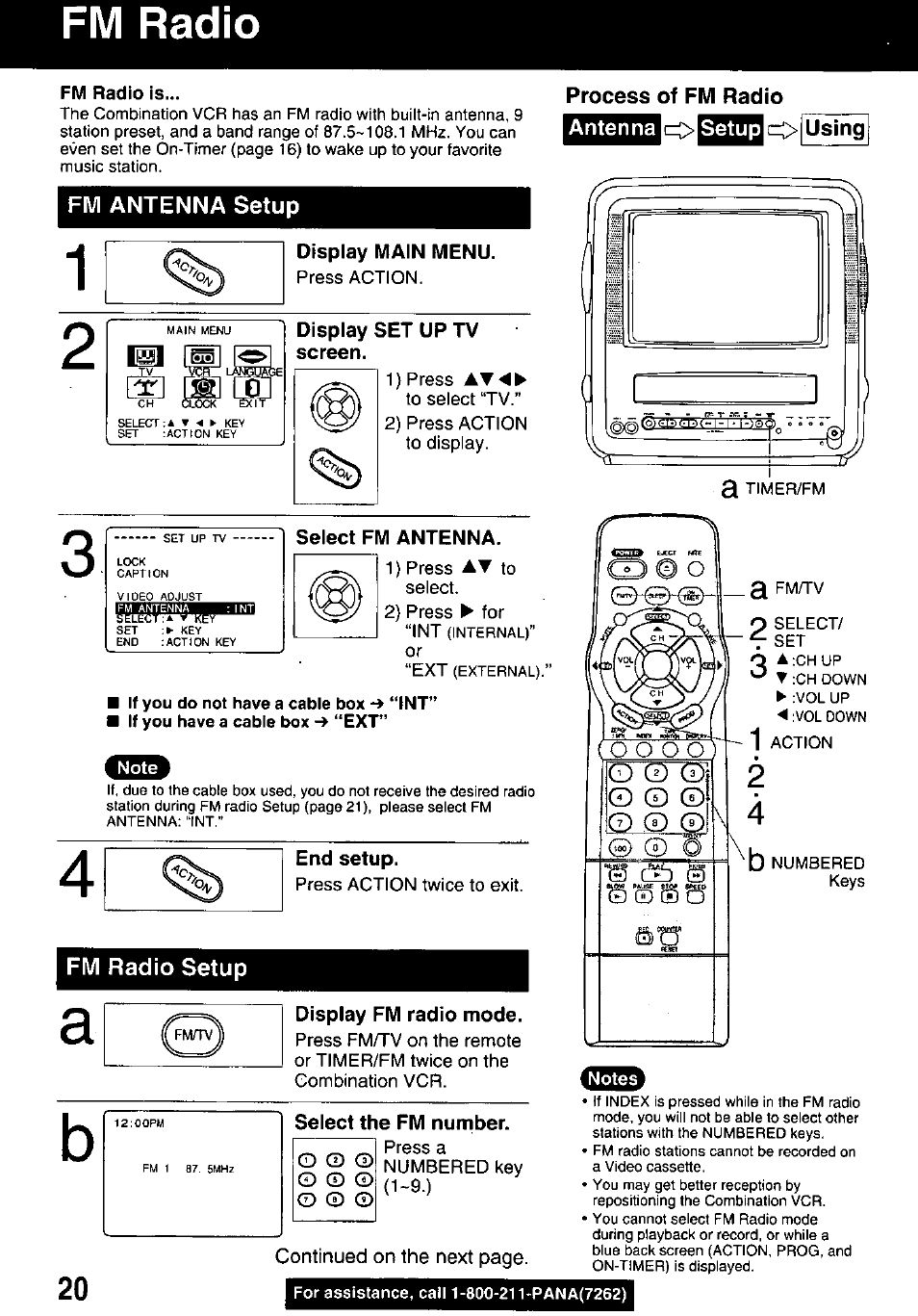 Display main menu, Display set up tv screen, Select fm antenna | End setup, Display fm radio mode, Select the fm number, Process of fm radio, Antenna ba setup, Fm radio, Q © q | Panasonic PV M939 User Manual | Page 20 / 48