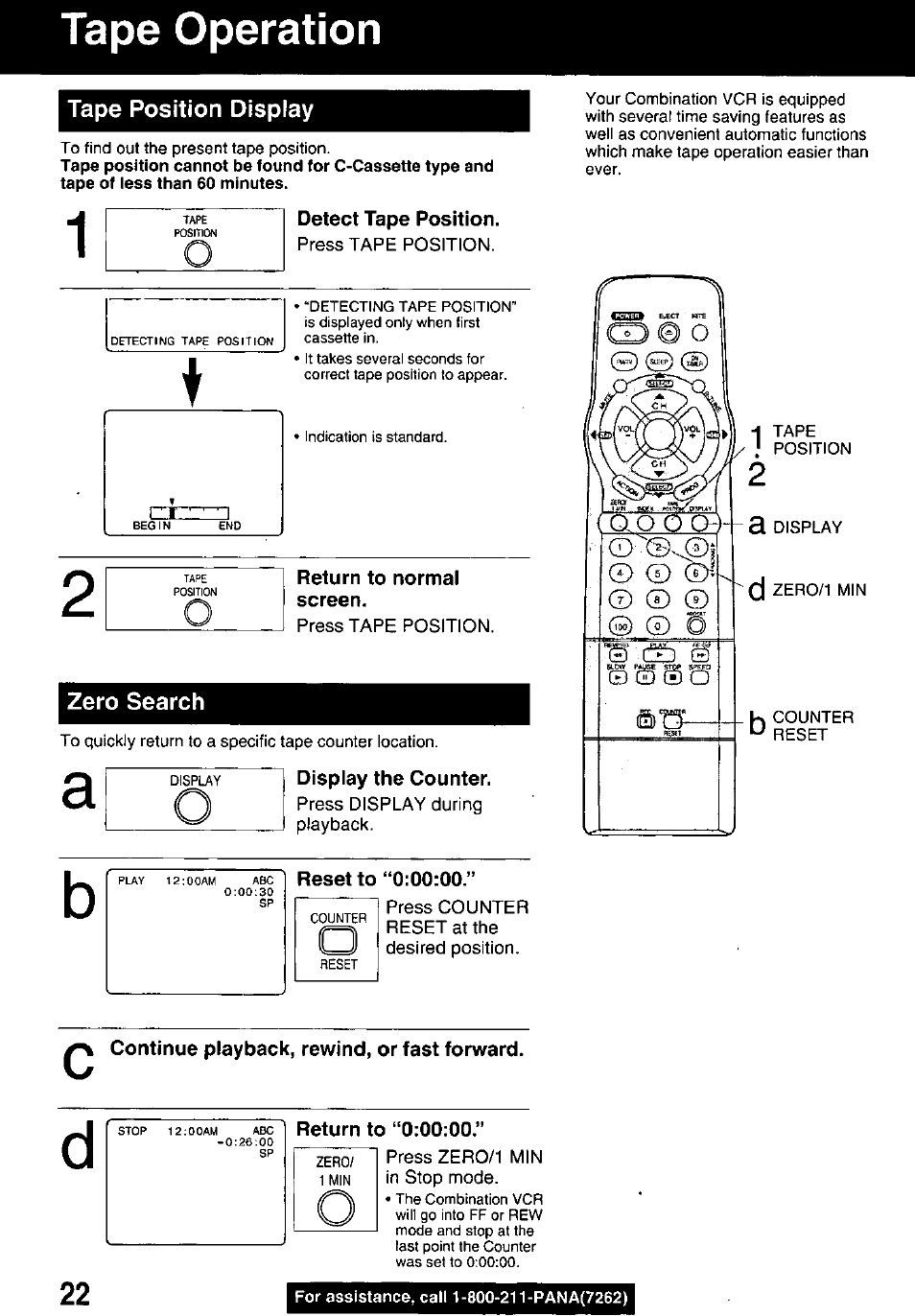 Detect tape position, Return to normal screen, Display the counter | Reset to “0:00:00, Continue playback, rewind, or fast forward, Return to “0:00:00, Tape operation | Panasonic PV M939 User Manual | Page 22 / 48