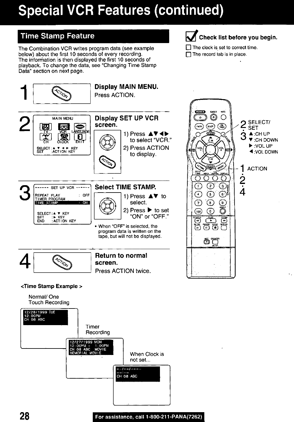 Special vcr features (continued), Time stamp feature | Panasonic PV M939 User Manual | Page 28 / 48