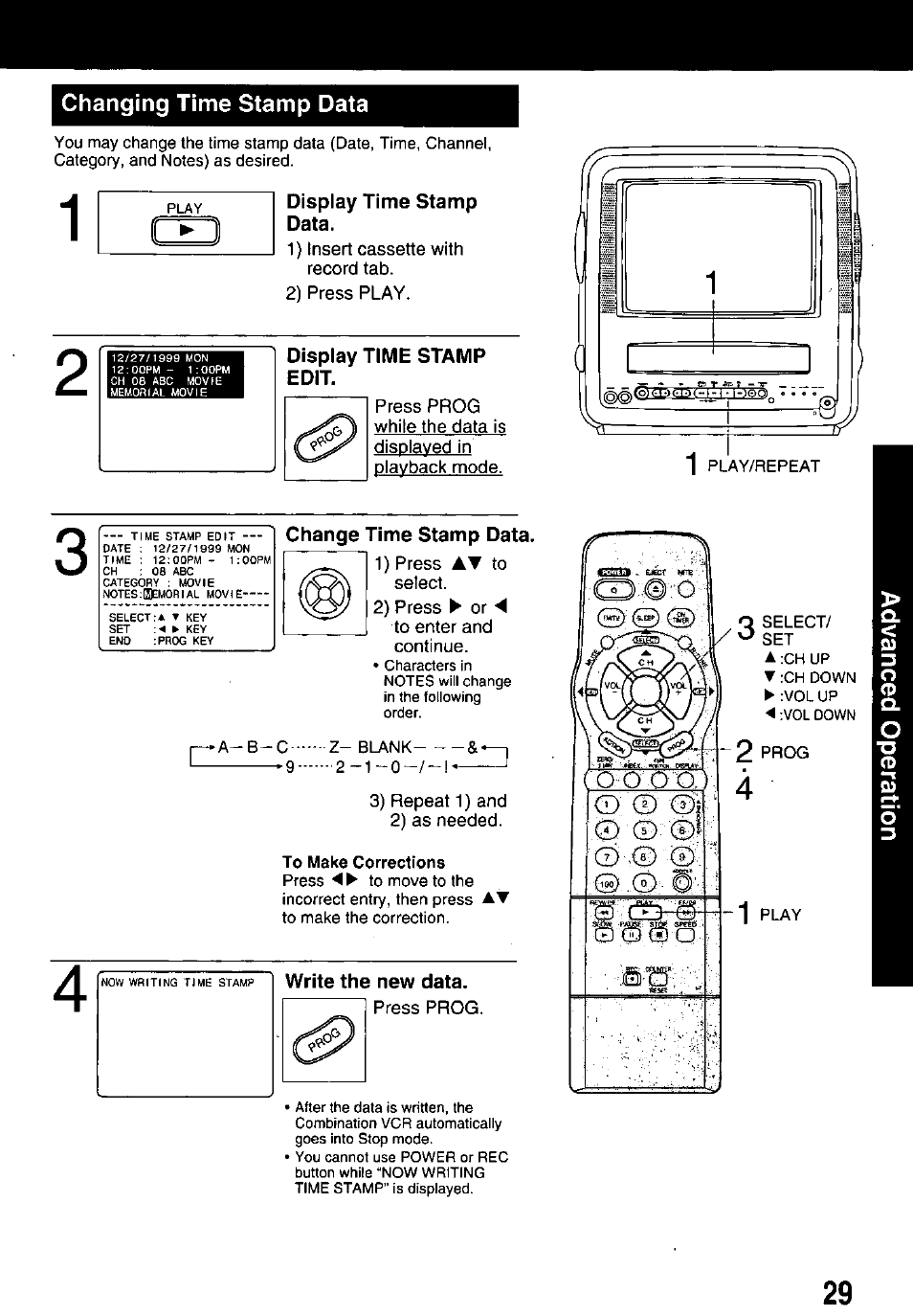 Display time stamp data, Display time stamp edit, Change time stamp data | 1) insert cassette with record tab. 2) press play, 1) press, 3) repeat 1) and 2) as needed | Panasonic PV M939 User Manual | Page 29 / 48