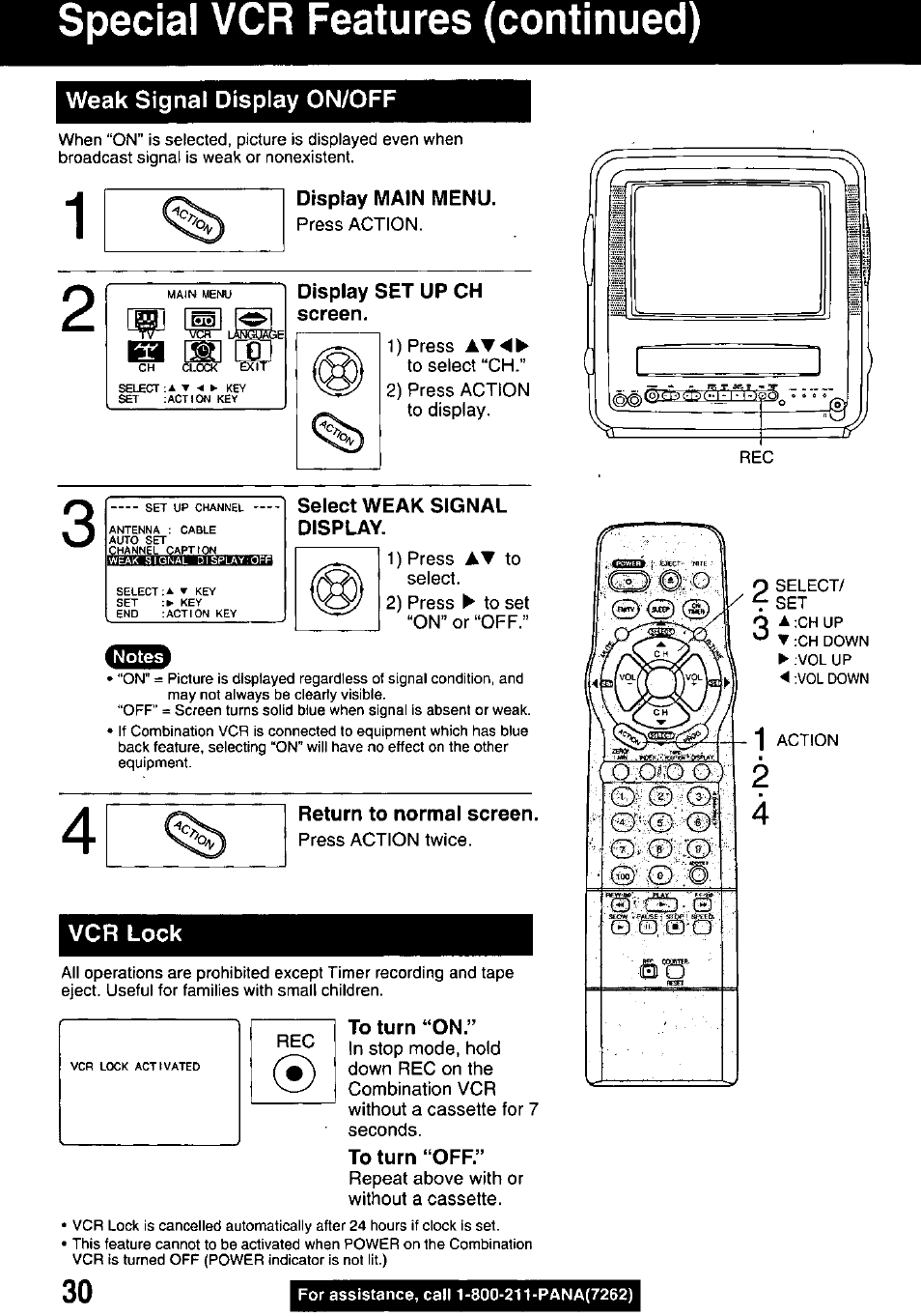 Display main menu, Display set up ch screen, Select weak signal display | Return to normal screen, To turn “on, To turn “off, Special vcr features (continued) | Panasonic PV M939 User Manual | Page 30 / 48