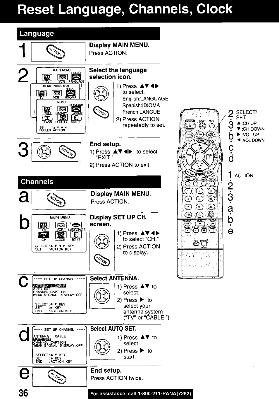 Select the language selection icon, End setup, Display main menu | Display setupch screen, Select antenna, Select auto set, Reset language, channels, clock, Language, Channels | Panasonic PV M939 User Manual | Page 36 / 48